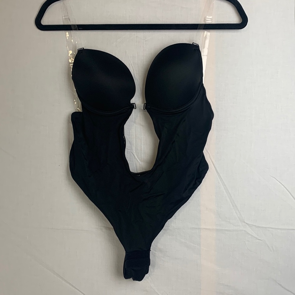 New in bag low-back plunge thong bodysuit w/ removable straps